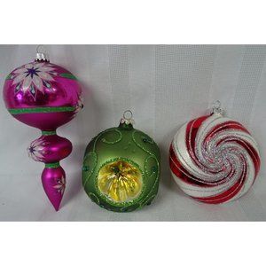 3 Glass Christmas Ornaments Candy Cane Teardrop Indent